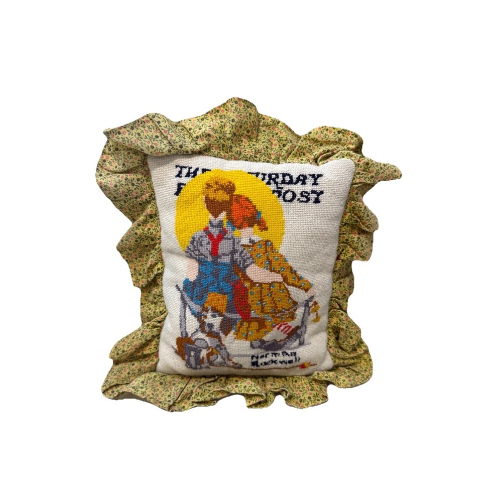 VTG Norman Rockwell Saturday Evening Post handmade Needlepoint pillow Ruffles